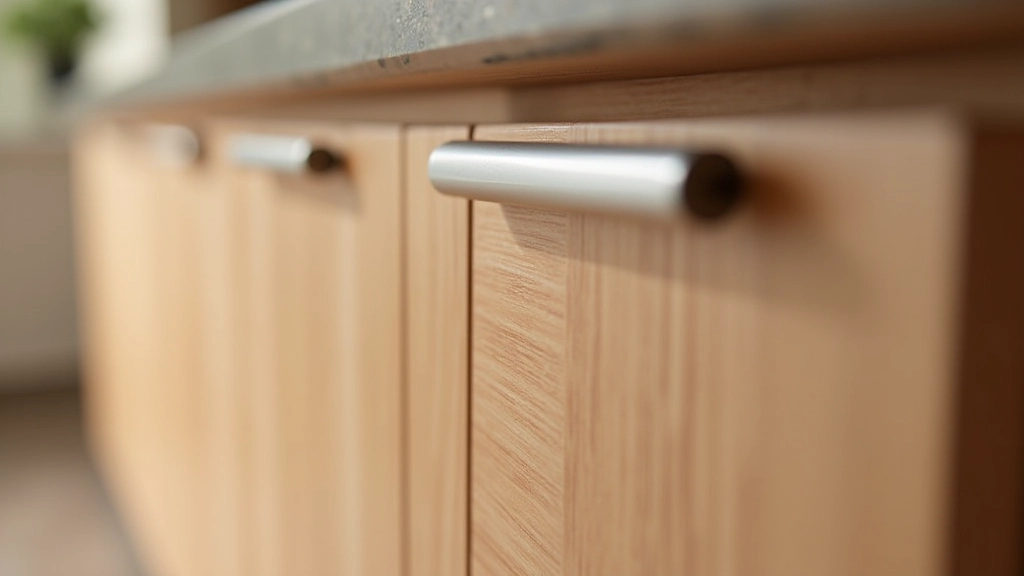 Dettagli di armadi cucina in stile italiano: legno naturale con finitura opaca e maniglie minimaliste in acciaio