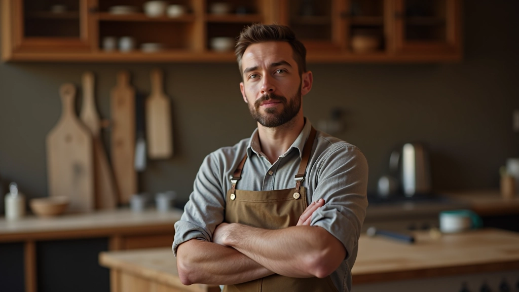Artigiano italiano esperto in lavorazione legno e materiali per cucine, portrait shot from chest up, professional setting, natural lighting, sharp focus