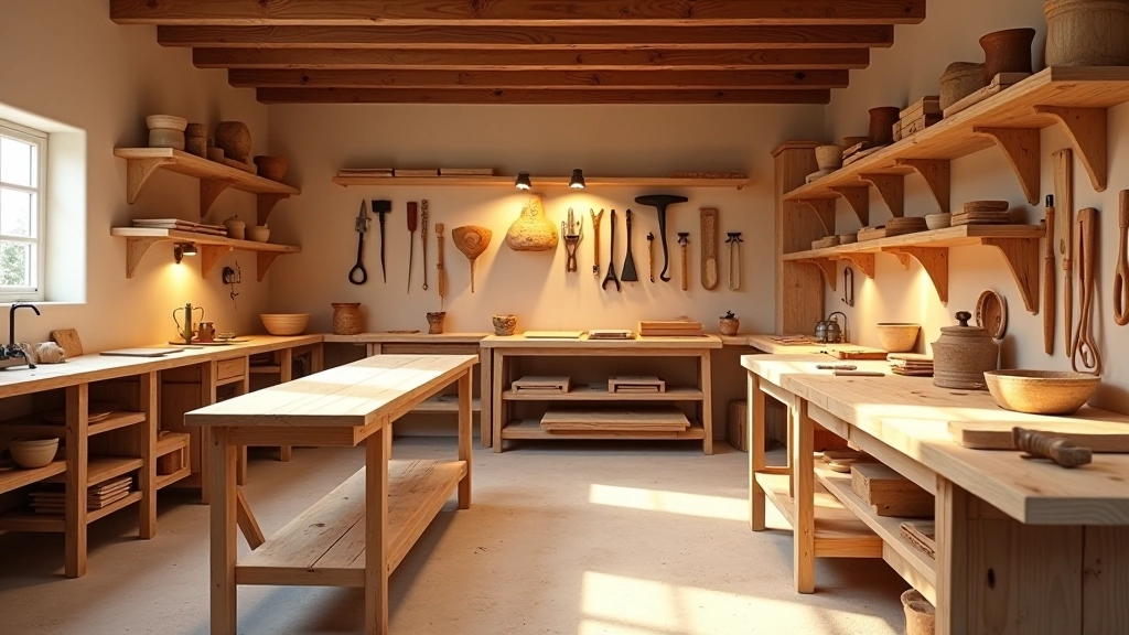 Spazio di lavoro in laboratorio con strumenti artigianali tradizionali e legno grezzo in varie fasi di lavorazione