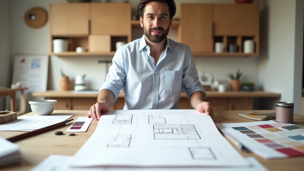 Spazio di progettazione con disegni, campioni di materiali e strumenti per il design cucina