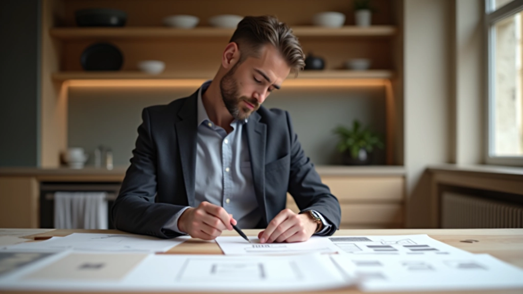 Marco Benedetti al lavoro presso lo studio di progettazione, circondato da campioni di materiali e disegni tecnici di cucine