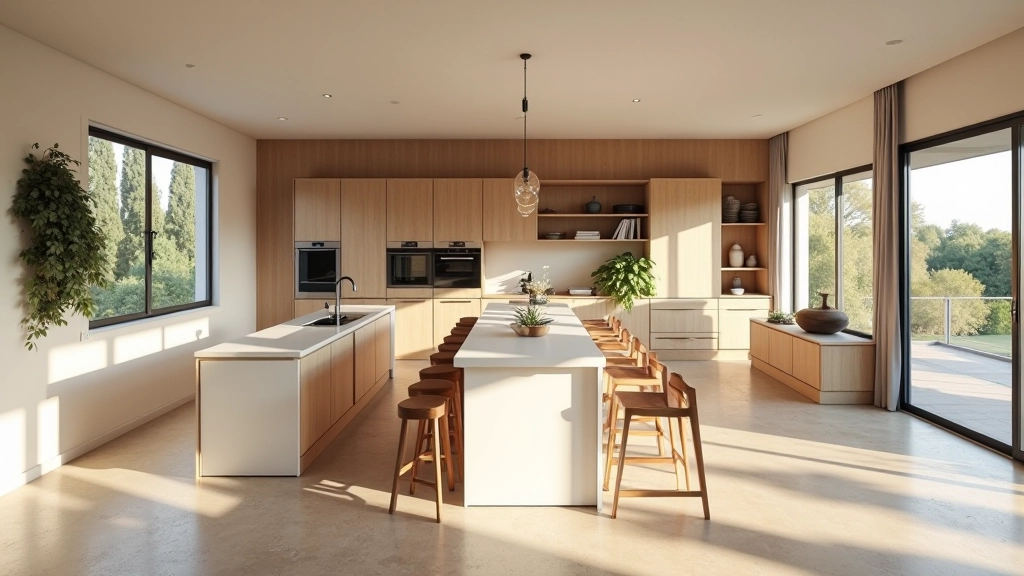 Cucina aperta su soggiorno con isola centrale, spazi fluidi e connessione con living