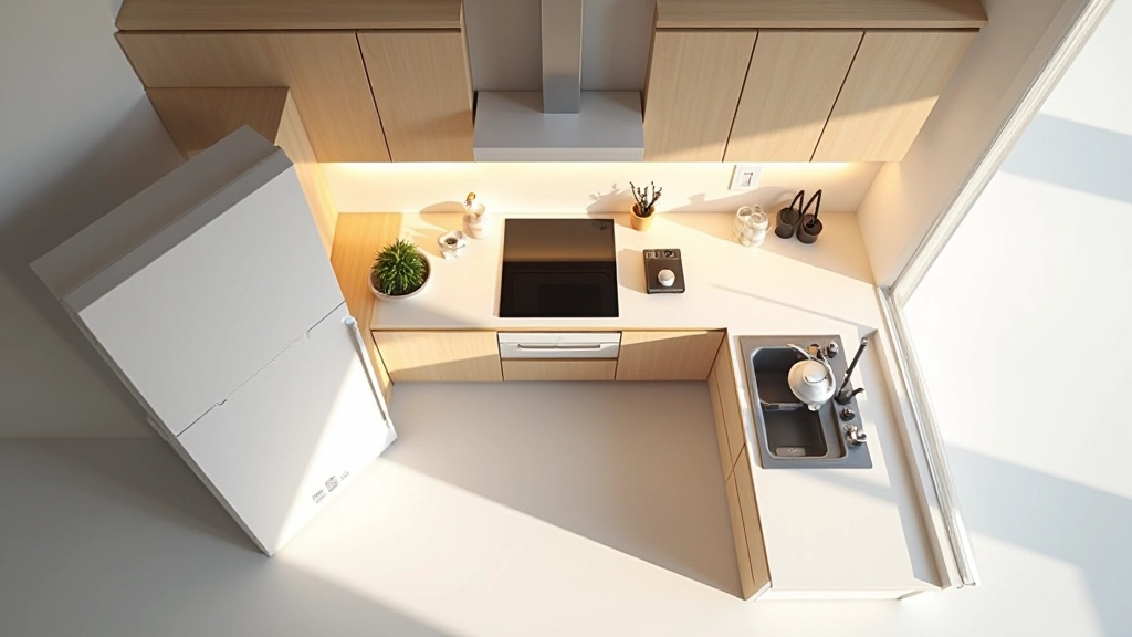 Cucina piccola con layout triangolare ben organizzato, elementi ben distanziati, vista dall'alto