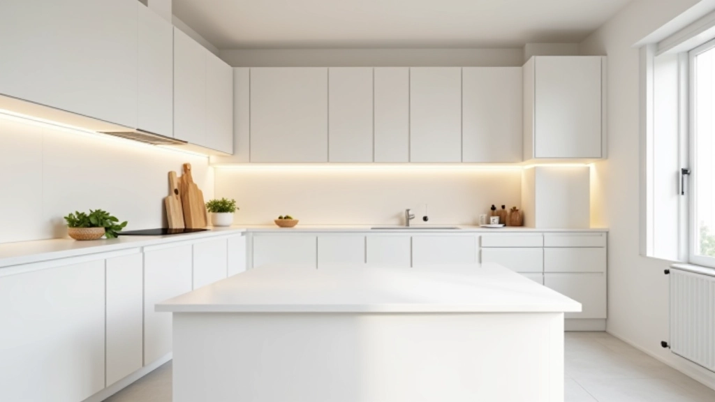 Cucina piccola ben illuminata con colori chiari, luci LED sotto i pensili, ambiente luminoso e ariostato