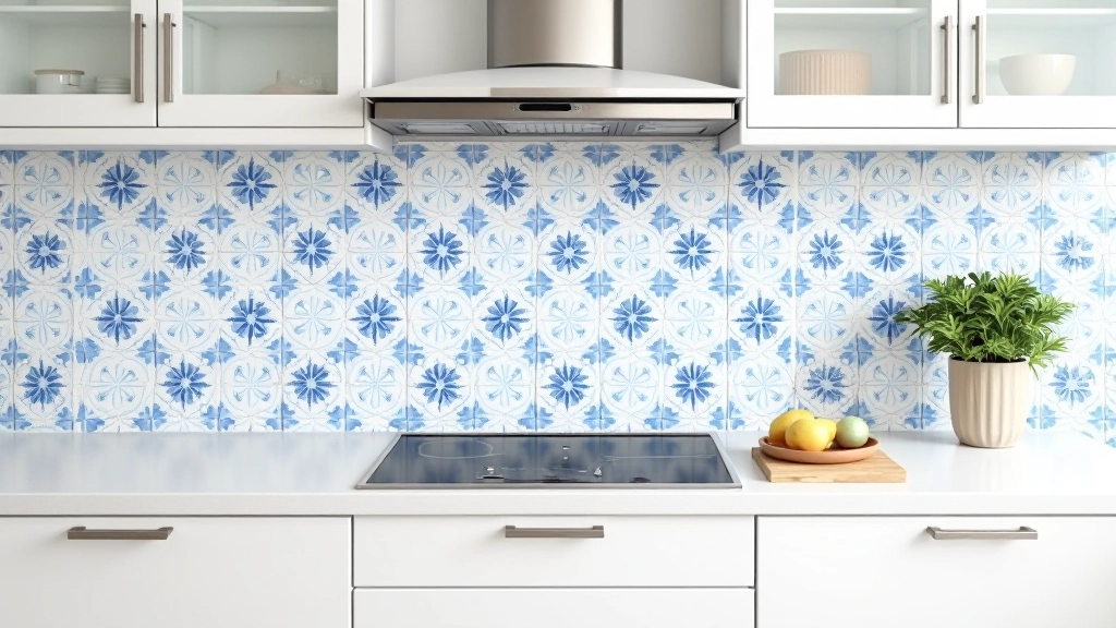 Piastrelle artigianali italiane per cucina: disegni geometrici tradizionali in blu e bianco, messa in posa dietro piano cottura